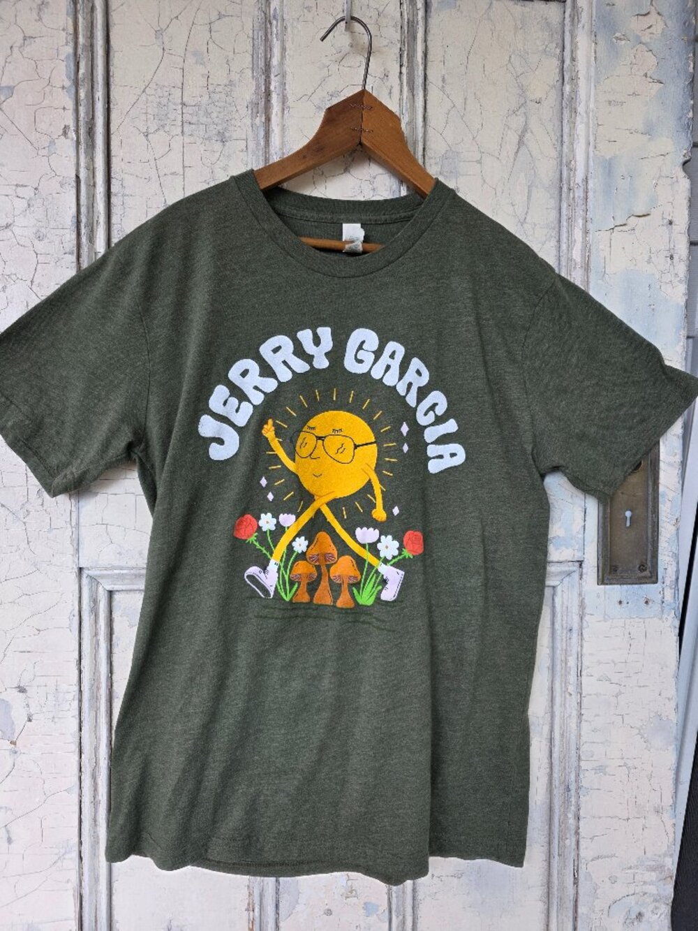 Jerry Garcia Women's Sz L Olive Green Mushrooms Short Sleeve T-Shirt Retro USA